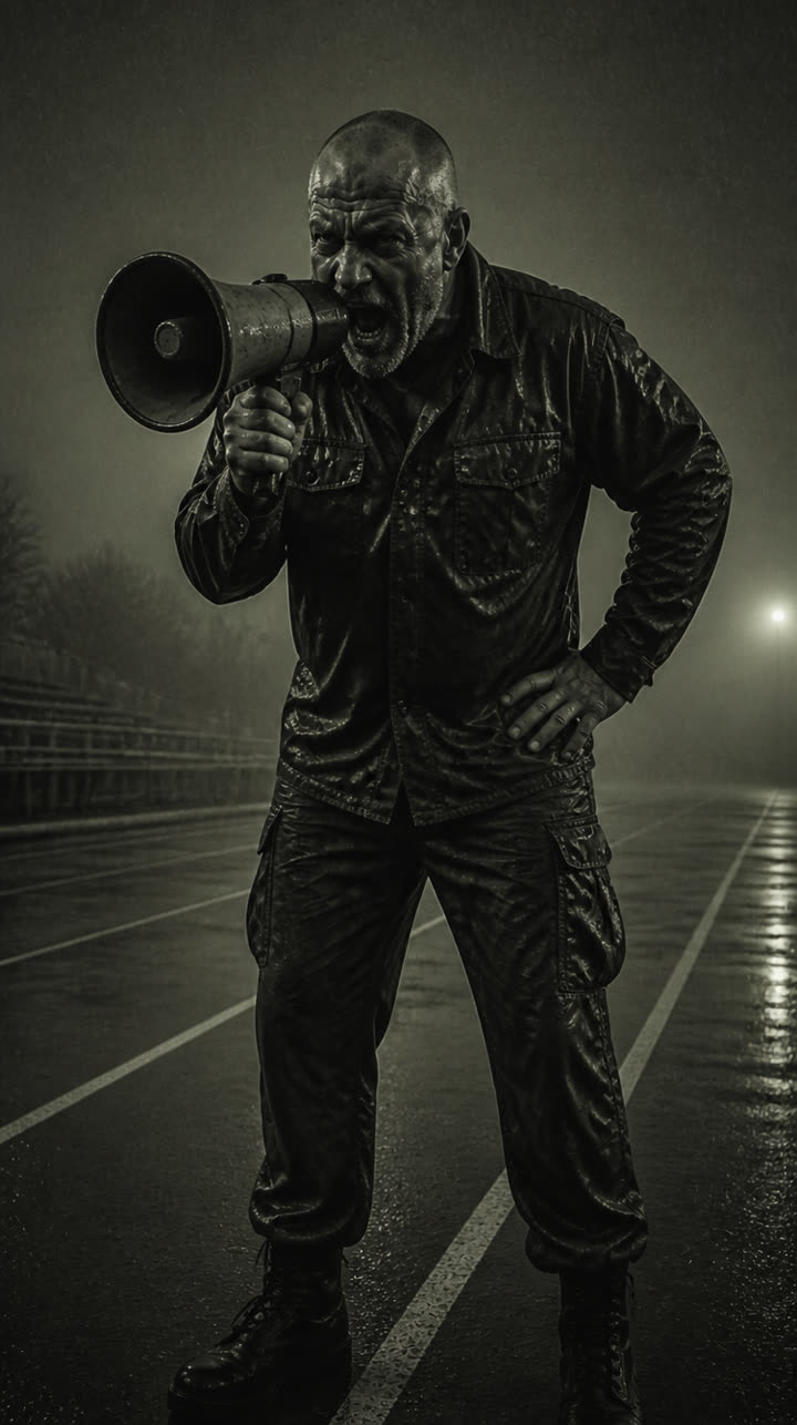 Sgt. Vex shouting through a megaphone on a wet running track at night